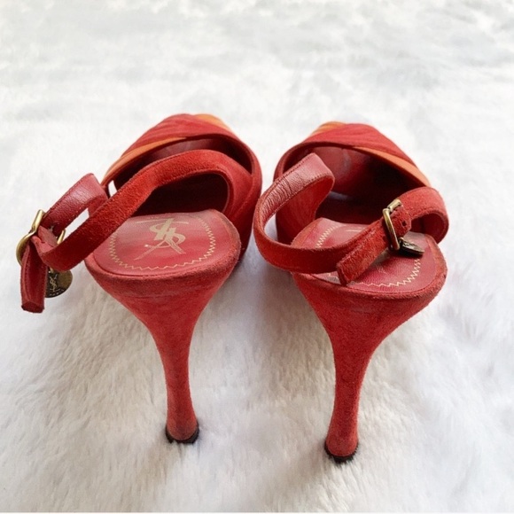 YSL Logo Palais 105 Orange and Coral Slingback Platform Heels, size 37.5 - Picture 5 of 11